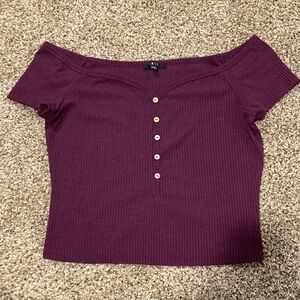 iris Plum Ribbed Off-Shoulder Button Crop Top